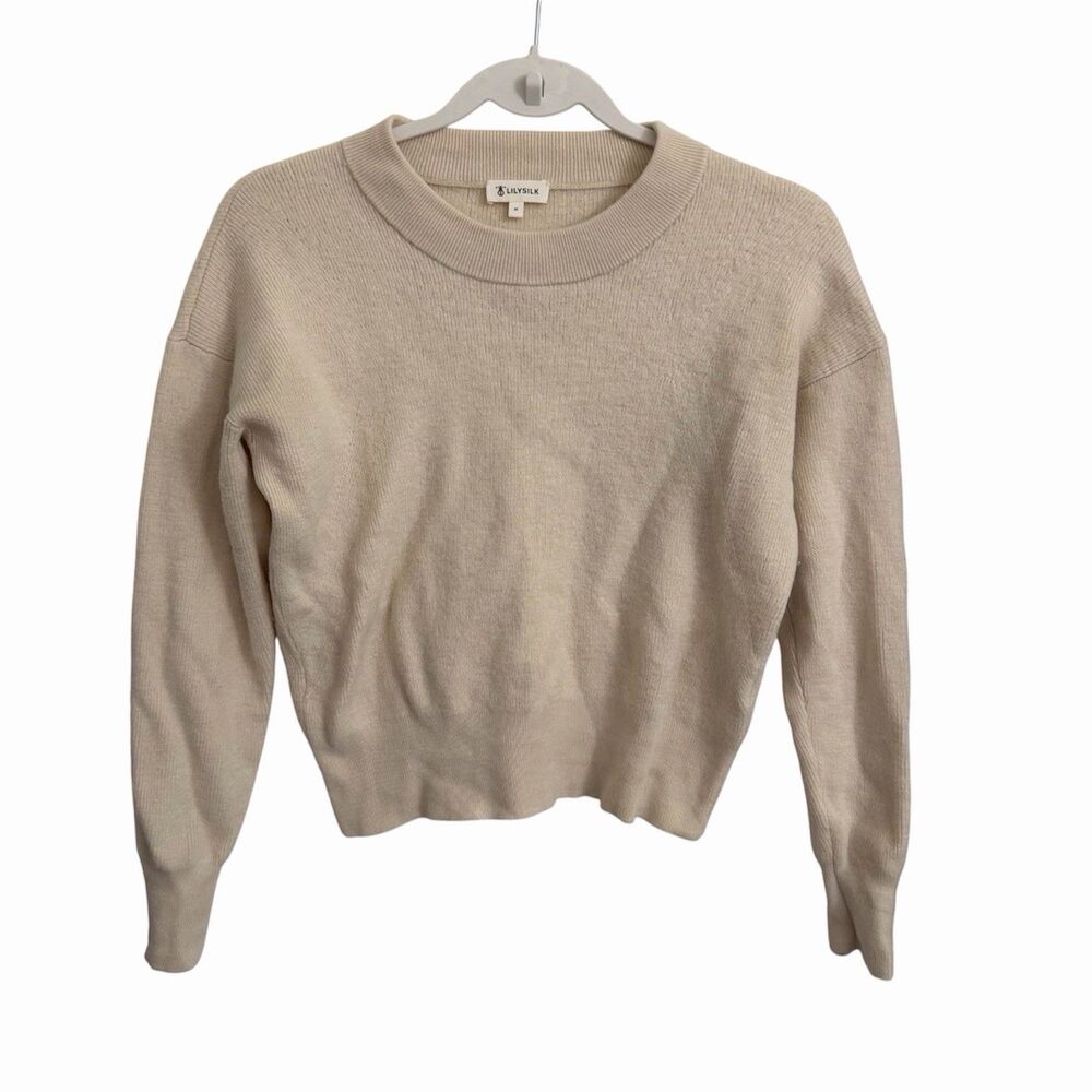 LILYSILK Sweater Womens Medium Beige Merino Wool Crewneck Long Sleeve Pullover